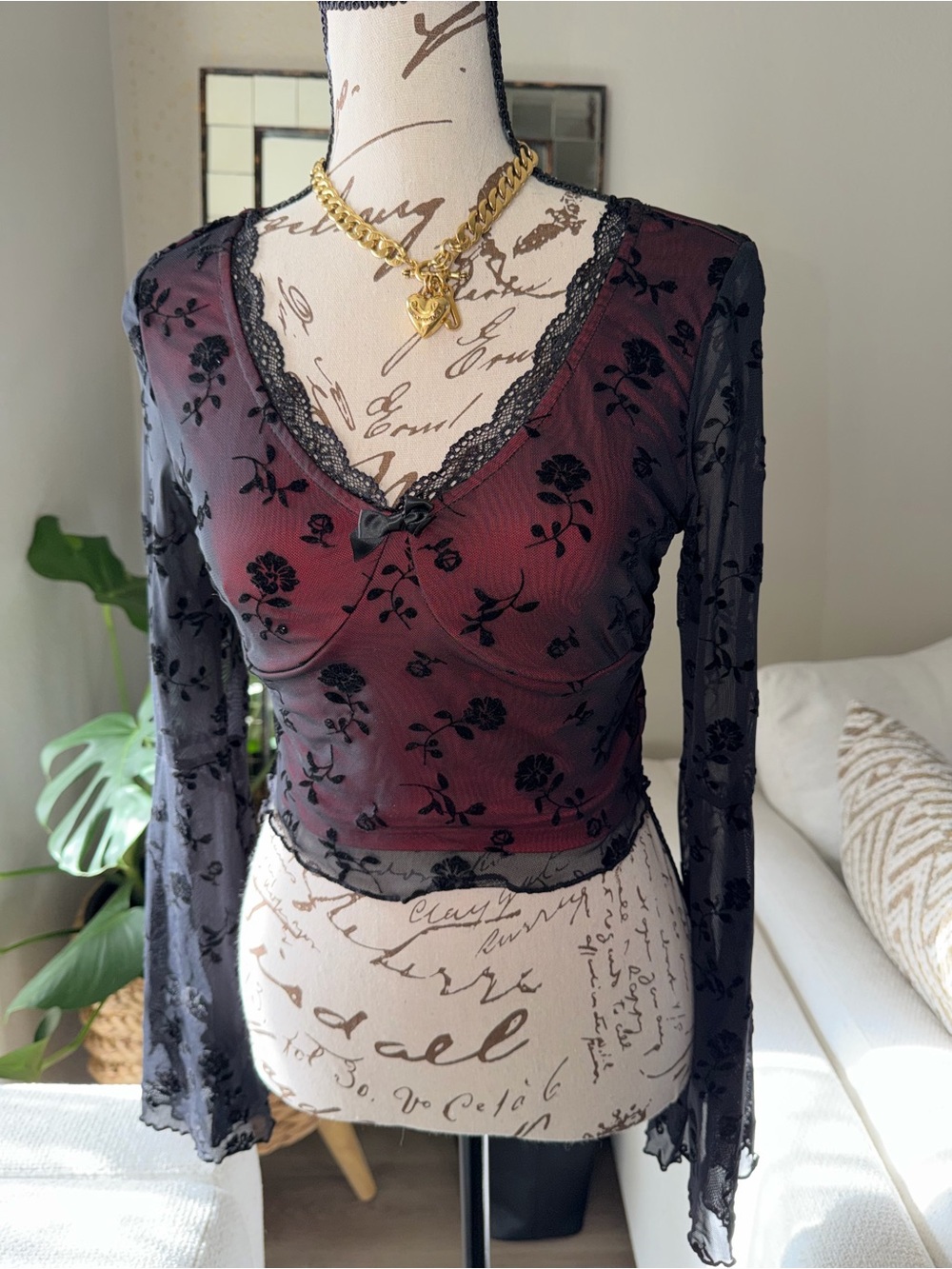 Sheer Black Floral Mesh Wrap Top with Burgundy Lining